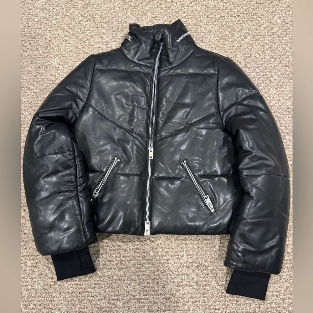🚨SOLD🚨Walter Baker Black Leather Puffer Jacket with High Collar/Chevron Pattern - Picture 1 of 6